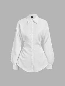SHEIN MOD قميص بلون موحد بأكتاف منسدلة وخصر نحيف - أبيض - مشاهدة 3