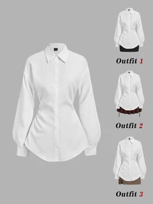 SHEIN MOD قميص بلون موحد بأكتاف منسدلة وخصر نحيف - أبيض - مشاهدة 2