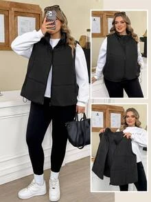SHEIN CURVE+ Plus Size Women's Winter Black Short Drawstring Puffer Vest, Casual, Suitable For Outdoor, Suitable For Autumn/Winter - Black - View 1