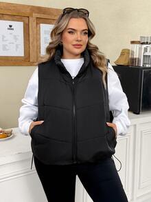 SHEIN CURVE+ Plus Size Women's Winter Black Short Drawstring Puffer Vest, Casual, Suitable For Outdoor, Suitable For Autumn/Winter - Black - View 7