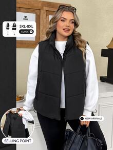 SHEIN CURVE+ Plus Size Women's Winter Black Short Drawstring Puffer Vest, Casual, Suitable For Outdoor, Suitable For Autumn/Winter - Black - View 5