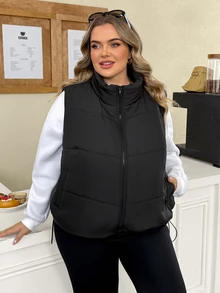 SHEIN CURVE+ Plus Size Women's Winter Black Short Drawstring Puffer Vest, Casual, Suitable For Outdoor, Suitable For Autumn/Winter - Black - View 8