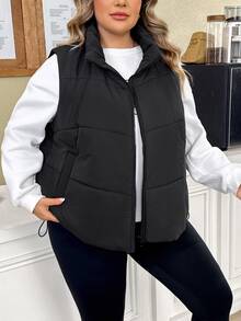 SHEIN CURVE+ Plus Size Women's Winter Black Short Drawstring Puffer Vest, Casual, Suitable For Outdoor, Suitable For Autumn/Winter - Black - View 4