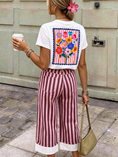 Travachic Block Striped Jeans, Vacation Denim Pants, Casual Holiday Jeans, Color Contrast Denim, Streetwear Bottoms, Straight Leg Light Pink Autumn