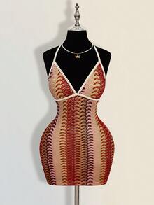 SHEIN ICON Women's Colorful Jacquard Knit Contrast Ribbed Trim Halter Backless Deep V Mini Beach Dress - Multicolor - View 3