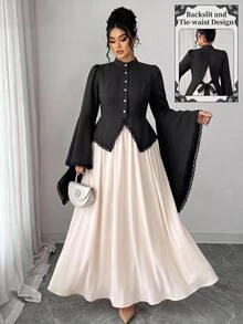 Elenzga Elegant Plus Size Women's Contrast Lace 2 In 1 Long Sleeve Cinched Waist Ruched Dress Fall - Black - View 1