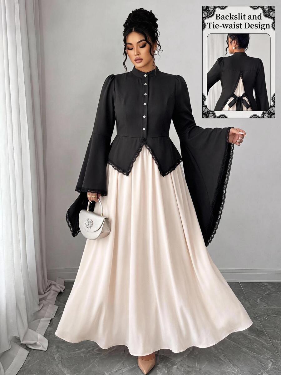 Elenzga Elegant Plus Size Women's Contrast Lace 2 In 1 Long Sleeve Cinched Waist Ruched Dress Fall - Black - View 1