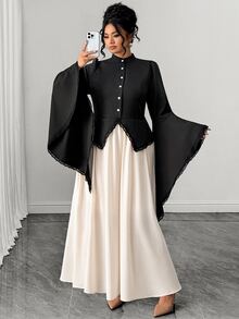 Elenzga Elegant Plus Size Women's Contrast Lace 2 In 1 Long Sleeve Cinched Waist Ruched Dress Fall - Black - View 5