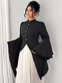Elenzga Elegant Plus Size Women's Contrast Lace 2 In 1 Long Sleeve Cinched Waist Ruched Dress Fall - Black - View 7