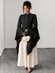 Elenzga Elegant Plus Size Women's Contrast Lace 2 In 1 Long Sleeve Cinched Waist Ruched Dress Fall - Black - View 6