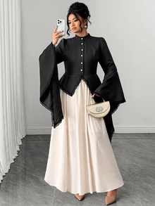 Elenzga Elegant Plus Size Women's Contrast Lace 2 In 1 Long Sleeve Cinched Waist Ruched Dress Fall - Black - View 8