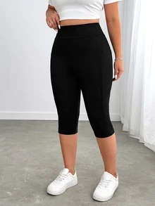 Enliva Plus Size Side Pockets Sports Yoga Stretchy Slim Leggings, Breathable Fabric, Summer, Compatible With Apple Rounded Body Shape Office Black Cowboy - Black - View 7