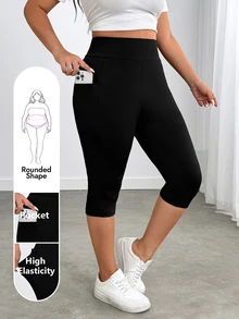 Enliva Plus Size Side Pockets Sports Yoga Stretchy Slim Leggings, Breathable Fabric, Summer, Compatible With Apple Rounded Body Shape Office Black Cowboy - Black - View 9