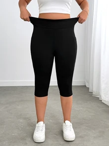 Enliva Plus Size Side Pockets Sports Yoga Stretchy Slim Leggings, Breathable Fabric, Summer, Compatible With Apple Rounded Body Shape Office Black Cowboy - Black - View 5