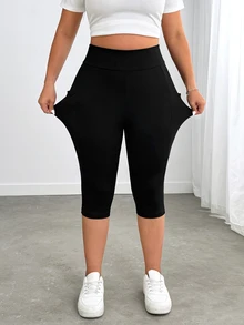 Enliva Plus Size Side Pockets Sports Yoga Stretchy Slim Leggings, Breathable Fabric, Summer, Compatible With Apple Rounded Body Shape Office Black Cowboy - Black - View 6