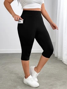 Enliva Plus Size Side Pockets Sports Yoga Stretchy Slim Leggings, Breathable Fabric, Summer, Compatible With Apple Rounded Body Shape Office Black Cowboy - Black - View 8