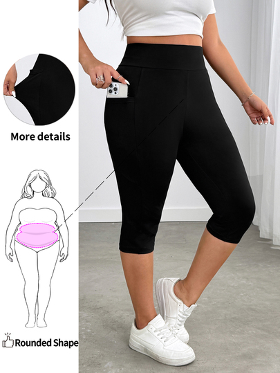 Enliva Plus Size Side Pockets Sports Yoga Stretchy Slim Leggings, Breathable Fabric, Summer, Compatible With Apple Rounded Body Shape Office Black Cowboy