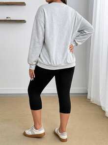 Enliva Plus Size Solid Color High-Waisted Casual Leggings, 95 Cotton, Stretch Capri Length, Fall Clothes For Women, Autumn Outfit - Black - View 10