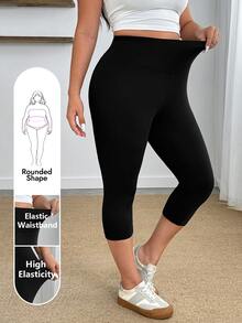 Enliva Plus Size Solid Color High-Waisted Casual Leggings, 95 Cotton, Stretch Capri Length, Fall Clothes For Women, Autumn Outfit - Black - View 9