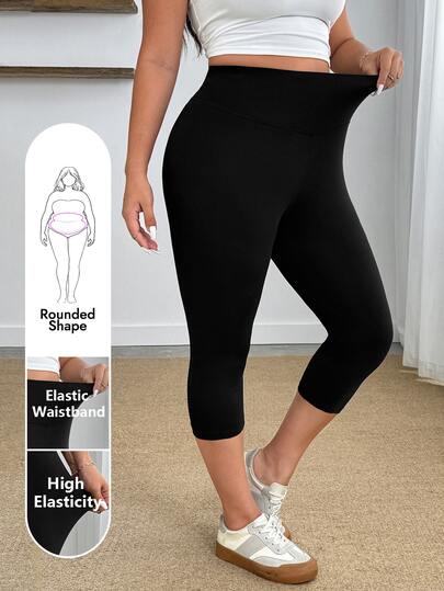 Enliva Plus Size Solid Color High-Waisted Casual Leggings, 95 Cotton, Stretch Capri Length, Fall Clothes For Women, Autumn Outfit