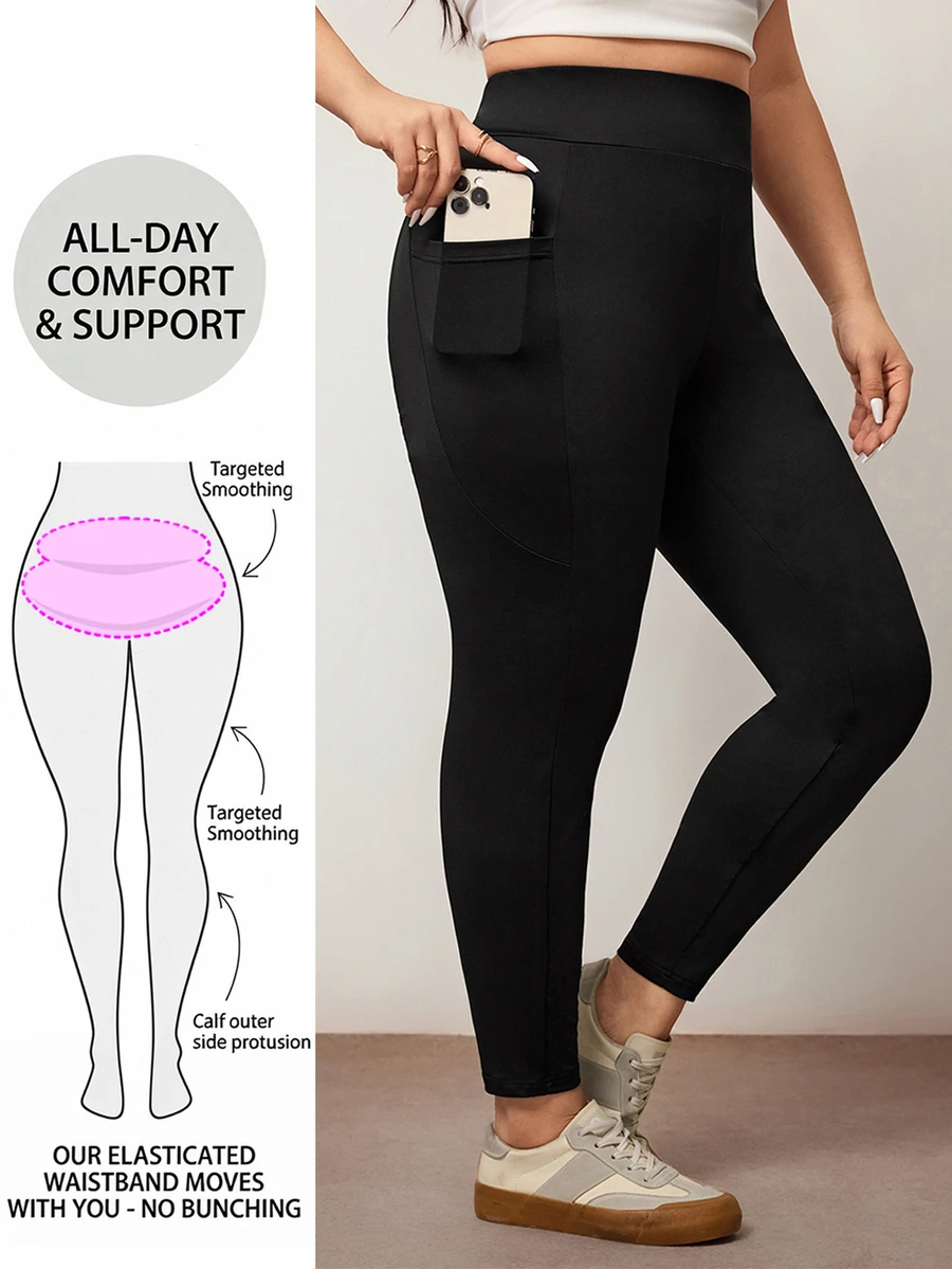Enliva Plus Size Side Pockets Sports Yoga Stretchy Slim Leggings, Breathable Fabric, Summer, For Apple Rounded Body Shape Gym Black