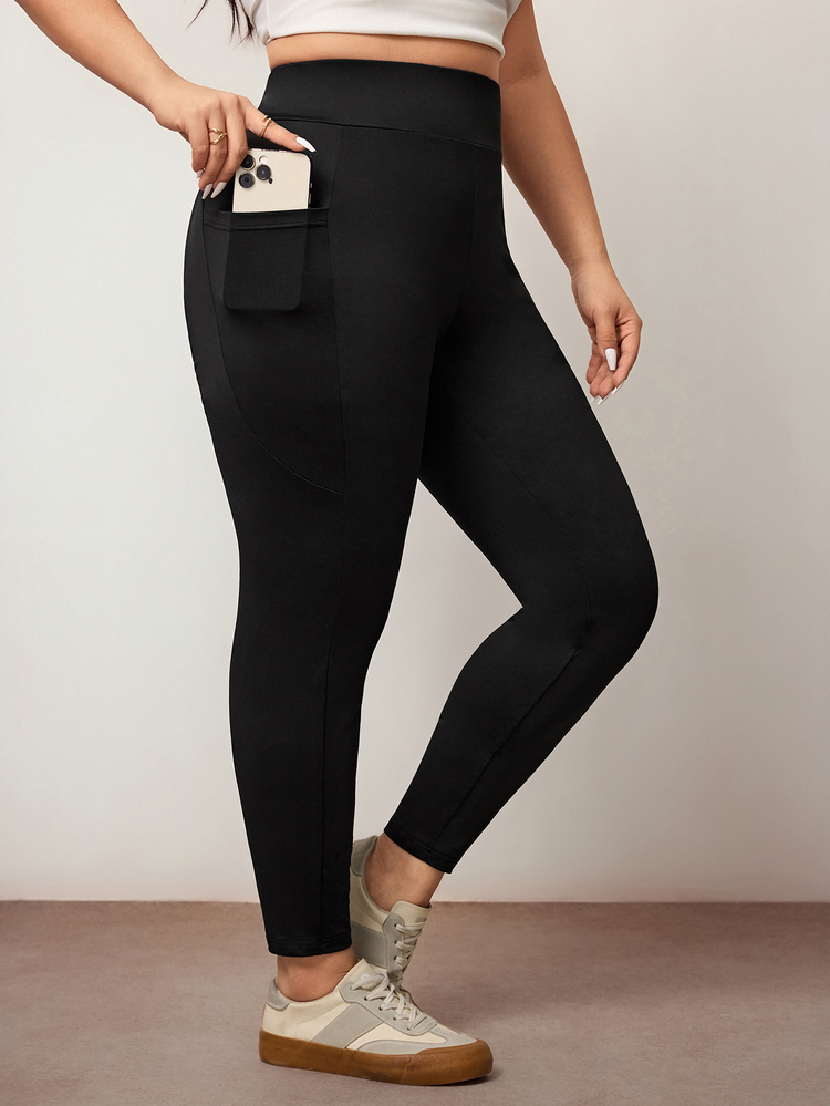 Enliva Plus Size Side Pockets Sports Yoga Stretchy Slim Leggings, Breathable Fabric, Summer, For Apple Rounded Body Shape Gym Black - Black - View 7