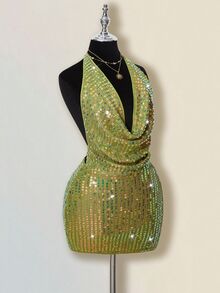 SHEIN ICON 女式性感火辣千禧风格 Y2K 现代时尚个性前卫复古晚会宴会夜总会装摆领露背绿色亮片修身迷你连衣裙 - 綠色 - 查看 7