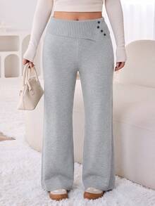 Solflare Plus Size Women Solid Color Casual Versatile Daily Wear Knit Long Pants Lounge Formal Gray Autumn - Light Grey - View 4
