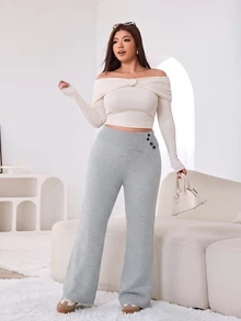 Solflare Plus Size Women Solid Color Casual Versatile Daily Wear Knit Long Pants Lounge Formal Gray Autumn - Light Grey - View 3