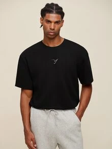 Men's Loose Fit Drop Shoulder Short Sleeve Fitness T-Shirt With Front And Back Double Print, Dark Pattern Triangle Logo And OTTIMOZO Lettering On Back - Black - View 5