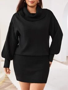 Solflare Plus Size Women Solid Color High Neck Drop Shoulder Long Sleeve Knit Dress Winter - Black - View 4