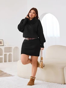 Solflare Plus Size Women Solid Color High Neck Drop Shoulder Long Sleeve Knit Dress Winter - Black - View 7