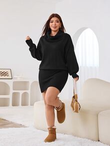 Solflare Plus Size Women Solid Color High Neck Drop Shoulder Long Sleeve Knit Dress Winter - Black - View 5