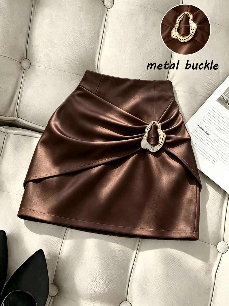Franclia Dark Brown Satin High Waist Mini Skirt Metal Buckle Twist ...