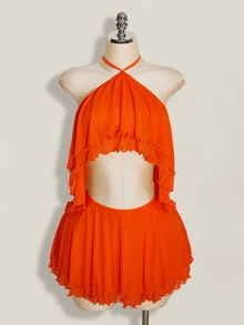 SHEIN ICON Multi-Layer Ruffle Halter Neck Backless Mini Dress For Women Clubbing Night Vacation Orange Red Summer Rave Sexy - Orange - View 10