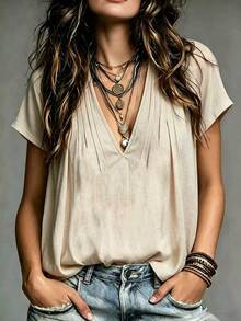 Trelyra Woven Regular Fit Stand Collar Split Short Sleeve Top - Khaki - View 1