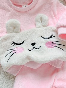 SHEIN Playful Pals 新生女嬰可愛甜美粉色兔耳毛絨法蘭絨長袖圓領加厚衛衣褲套裝，生日冬季聖誕節假日毛絨款 - 粉色 - 查看 3
