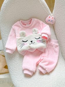 SHEIN Playful Pals 新生女嬰可愛甜美粉色兔耳毛絨法蘭絨長袖圓領加厚衛衣褲套裝，生日冬季聖誕節假日毛絨款 - 粉色 - 查看 8
