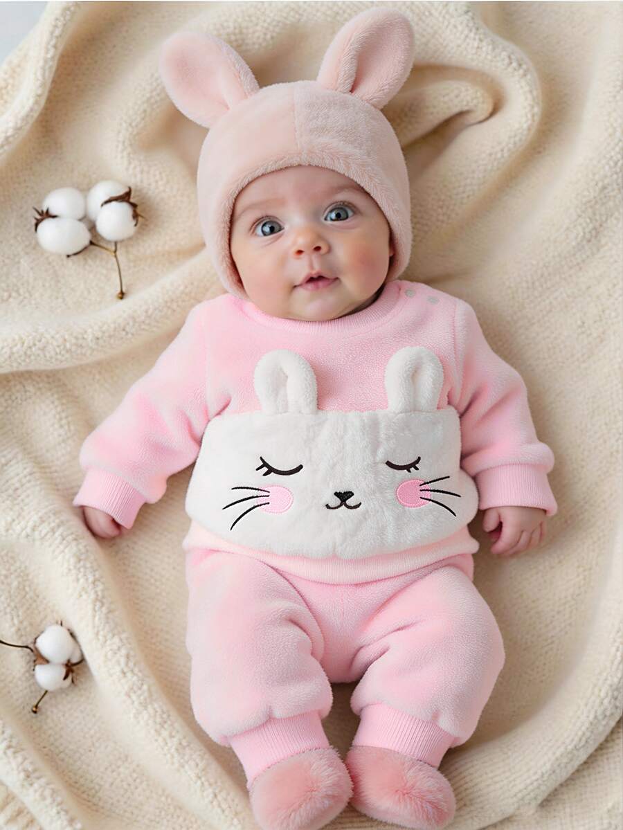SHEIN Playful Pals 新生女嬰可愛甜美粉色兔耳毛絨法蘭絨長袖圓領加厚衛衣褲套裝,生日冬季聖誕節假日毛絨款 - 粉色 - 查看 1