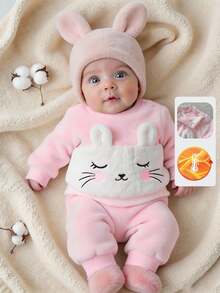 SHEIN Playful Pals 新生女嬰可愛甜美粉色兔耳毛絨法蘭絨長袖圓領加厚衛衣褲套裝，生日冬季聖誕節假日毛絨款 - 粉色 - 查看 9
