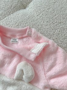 SHEIN Playful Pals 新生女嬰可愛甜美粉色兔耳毛絨法蘭絨長袖圓領加厚衛衣褲套裝，生日冬季聖誕節假日毛絨款 - 粉色 - 查看 5
