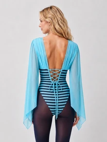 Zerodot Women Teal Striped Elegant Corset Corset Party Going Out Spring Fall - Mint Green - View 2