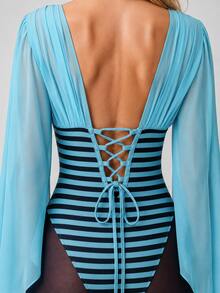 Zerodot Women Teal Striped Elegant Corset Corset Party Going Out Spring Fall - Mint Green - View 5