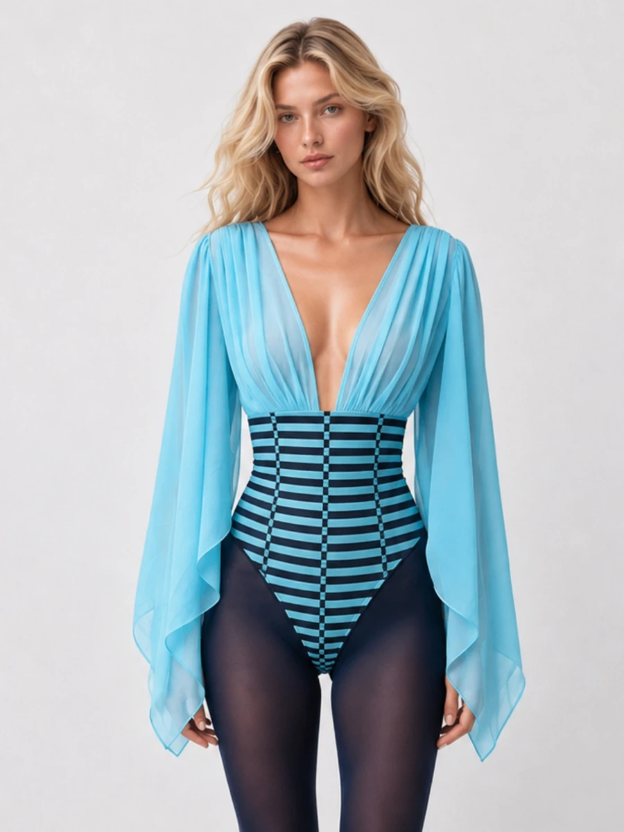 Zerodot Women Teal Striped Elegant Corset Corset Party Going Out Spring Fall - Mint Green - View 1