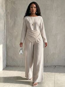 SHEIN Women's Fall White Asymmetric Ruched Two-Piece Set,Long-Sleeve Stripe Top With High-Waist Wide-Leg Pants,Occasion Wear For Daily Commute Vacation - Grey - View 5