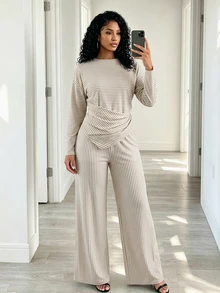 SHEIN Women's Fall White Asymmetric Ruched Two-Piece Set,Long-Sleeve Stripe Top With High-Waist Wide-Leg Pants,Occasion Wear For Daily Commute Vacation - Grey - View 8