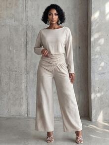SHEIN Women's Fall White Asymmetric Ruched Two-Piece Set,Long-Sleeve Stripe Top With High-Waist Wide-Leg Pants,Occasion Wear For Daily Commute Vacation - Grey - View 4