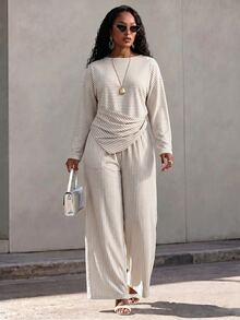 SHEIN Women's Fall White Asymmetric Ruched Two-Piece Set,Long-Sleeve Stripe Top With High-Waist Wide-Leg Pants,Occasion Wear For Daily Commute Vacation - Grey - View 2
