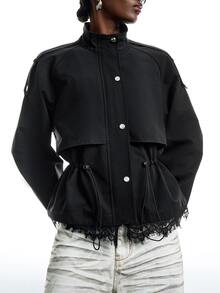 LYSMO Women's Solid Color Raglan Long Sleeve Single-Breasted Drawstring Waist Casual Trench Coat Jacket Office Outfits For Women - Black - View 5