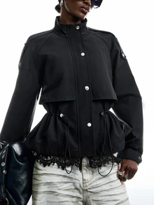 LYSMO Women's Solid Color Raglan Long Sleeve Single-Breasted Drawstring Waist Casual Trench Coat Jacket Office Outfits For Women - Black - View 8